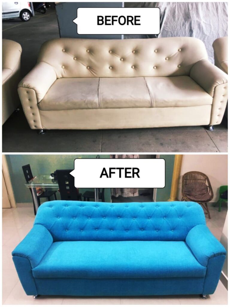 Before after sofa repair and upholstery Bangalore Shanthi Sofa Works