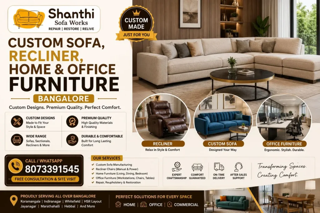 Custom Sofa Manufacturing Bangalore by Shanthi Sofa Workscturing services