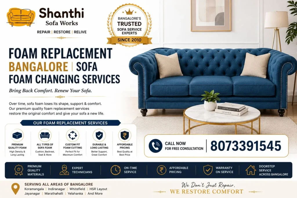 Foam Replacement Bangalore and sofa foam changing services with premium comfort foam replacement for Chesterfield sofas by Shanthi Sofa Works