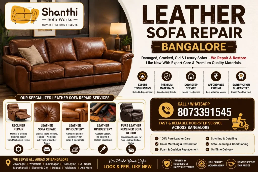 Leather Sofa Repair Bangalore with recliner repair, leather upholstery, leather restoration, and pure leather recliner sofa repair services by Shanthi Sofa Works