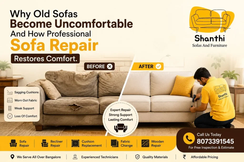 Professional sofa repair service in Bangalore restoring old uncomfortable sofas with cushion repair and upholstery by Shanthi Sofas And Furniture.