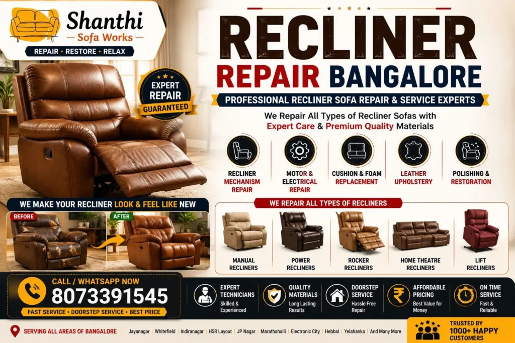 Recliner Repair Bangalore – Professional recliner sofa repair, motor repair, leather upholstery, and recliner mechanism services by Shanthi Sofa Works