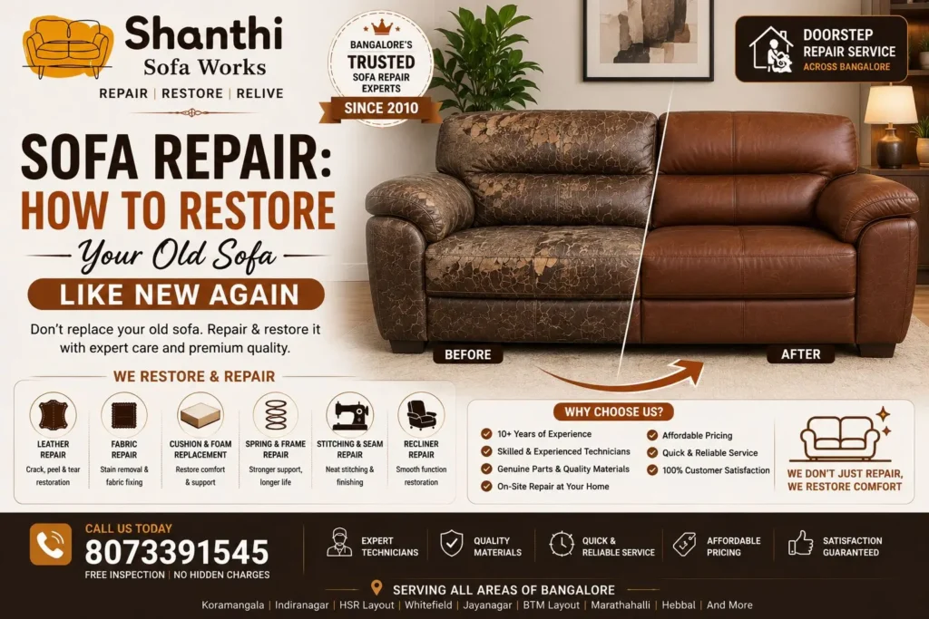 Professional sofa repair service in Bangalore by Shanthi Sofa Works restoring old sofas like new again