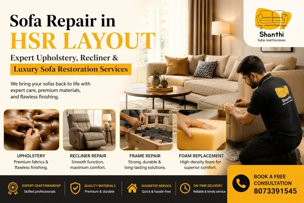 sofa repair in HSR Layout by Shanthi Sofa Works offering upholstery repair, recliner repair, foam replacement, and luxury sofa restoration services in Bangalore.”