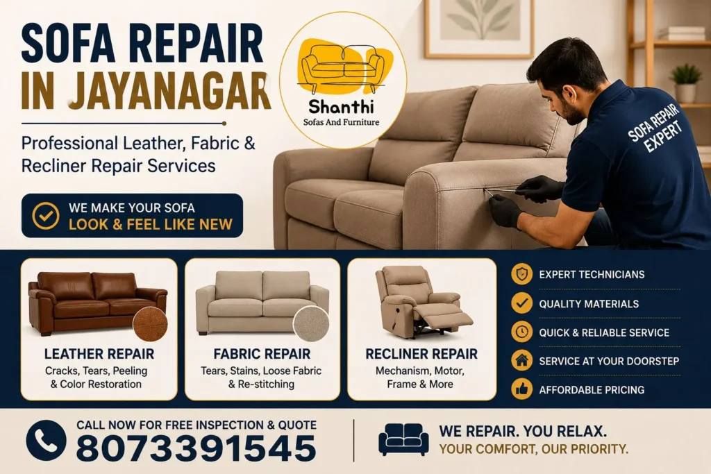 Professional sofa repair in Jayanagar by Shanthi Sofas And Furniture including leather sofa repair, fabric upholstery, and recliner repair services