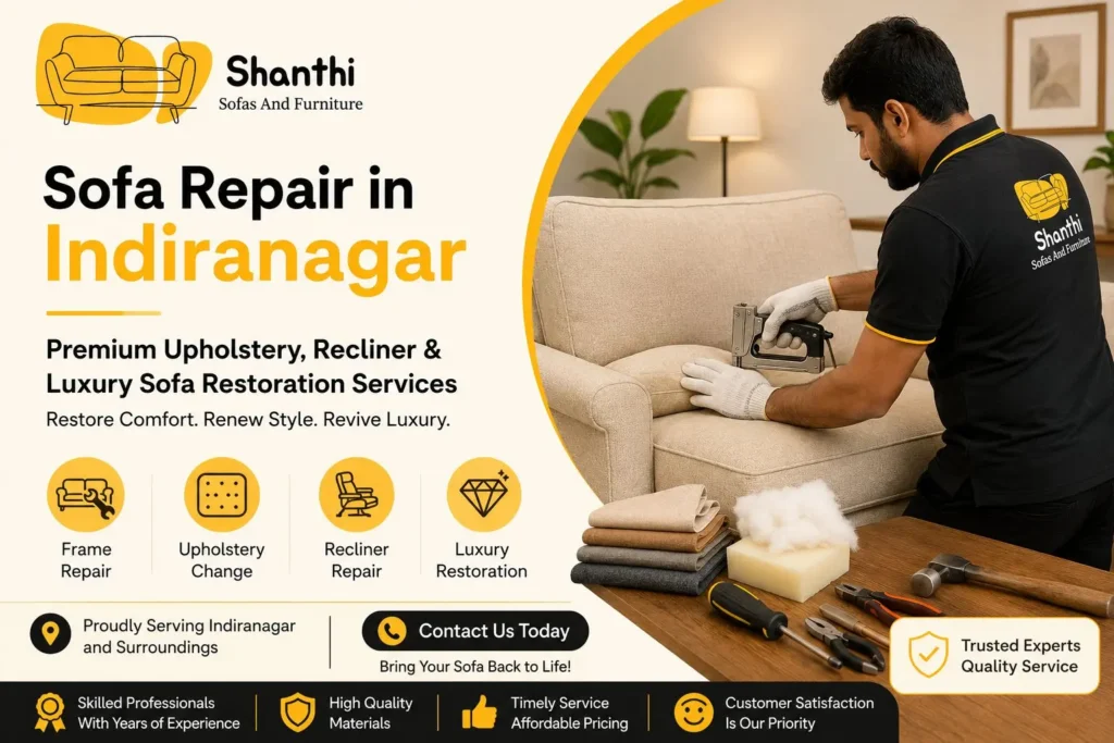 Premium sofa repair in Indiranagar by Shanthi Sofas And Furniture featuring upholstery repair, recliner restoration, and luxury sofa renovation services in Bangalore.