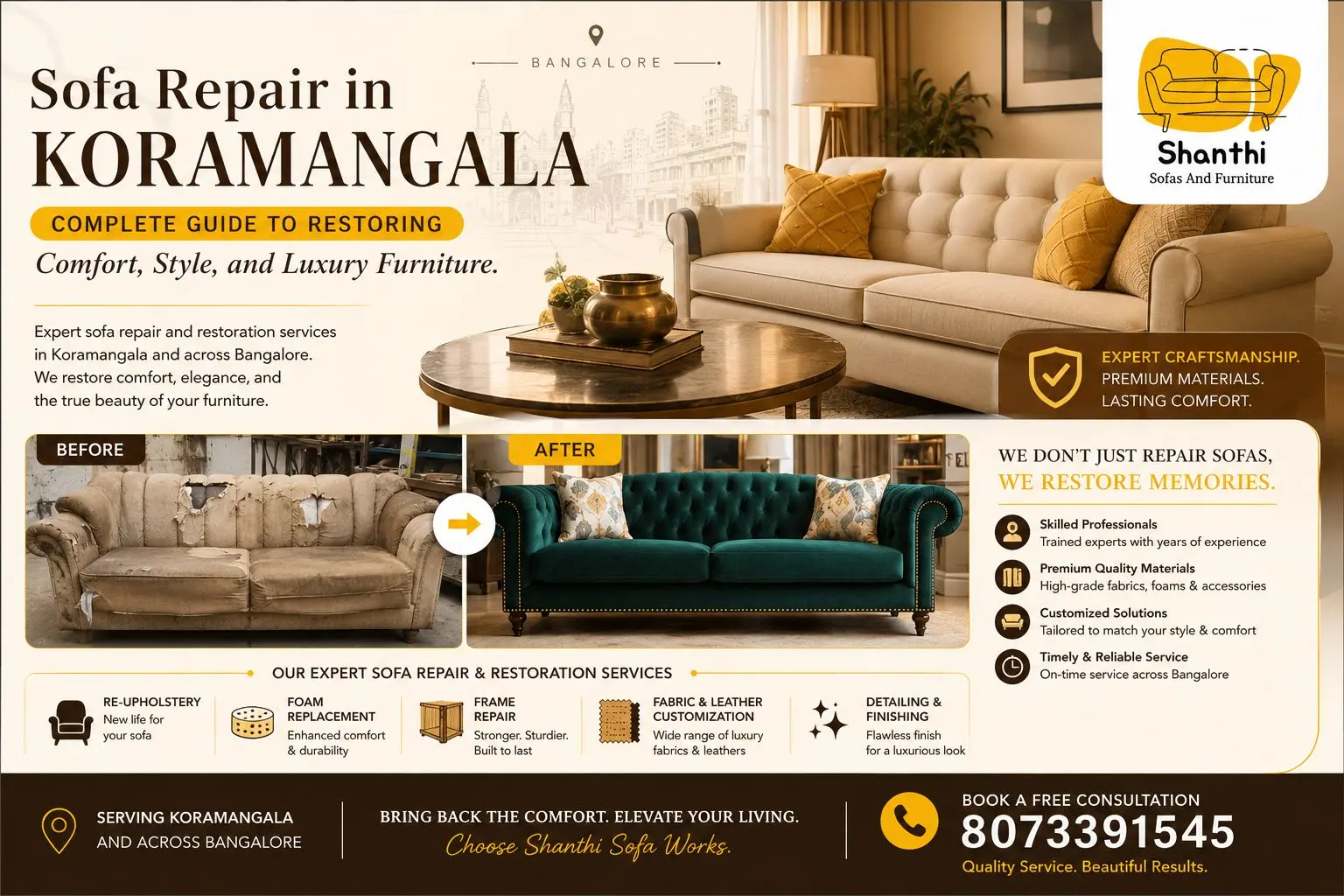 Before and after sofa repair in Koramangala by Shanthi Sofa Works showing luxury sofa restoration, upholstery repair, and furniture renovation services in Bangalore.”