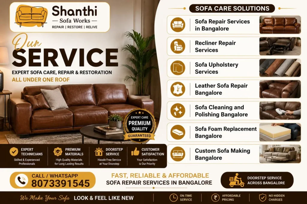 Sofa Repair Services in Bangalore including recliner repair, sofa upholstery, leather sofa repair, sofa cleaning, foam replacement, and custom sofa making by Shanthi Sofa Works