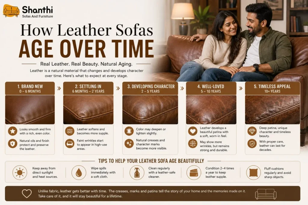 How leather sofas age over time with expert leather sofa care, conditioning, restoration, crack repair, and maintenance services by Shanthi Sofa Works.