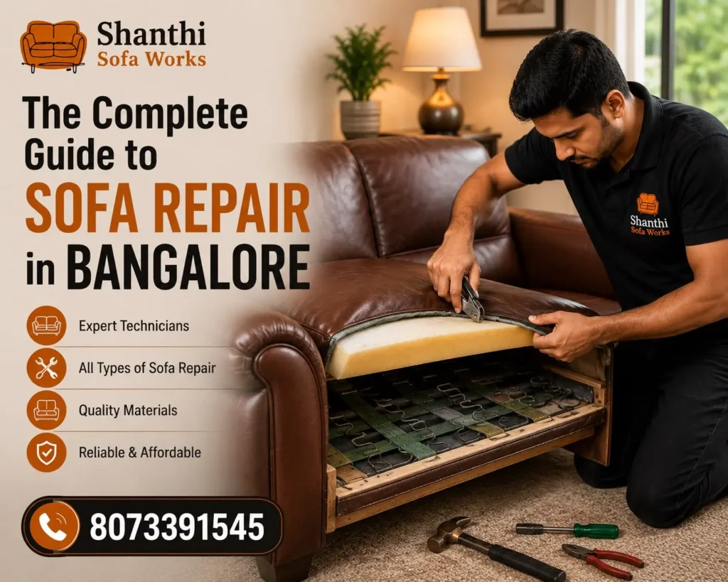 Professional sofa repair service in Bangalore fixing damaged sofa with tools and foam replacement