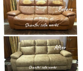 Damaged recliner sofa restored to a like-new condition by Shanthi Sofas Before and after recliner sofa repair – leather recliner restoration in Bangalore
